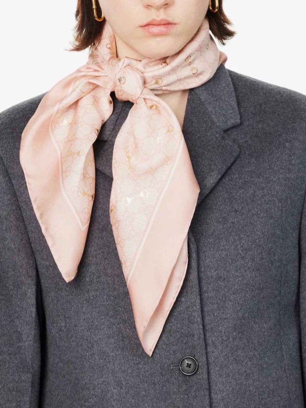 Gucci GG Monogram Gold Horsebit Pink Silk Scarf